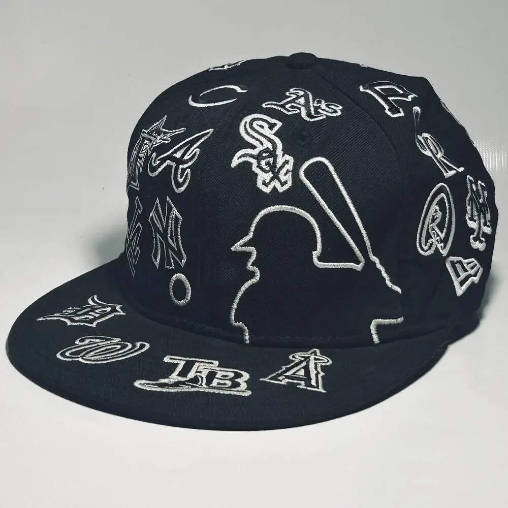 New Era 59FIFTY MLB All Over Team Logos Black Fitted Hat Size 7 1/4 58cm Cap